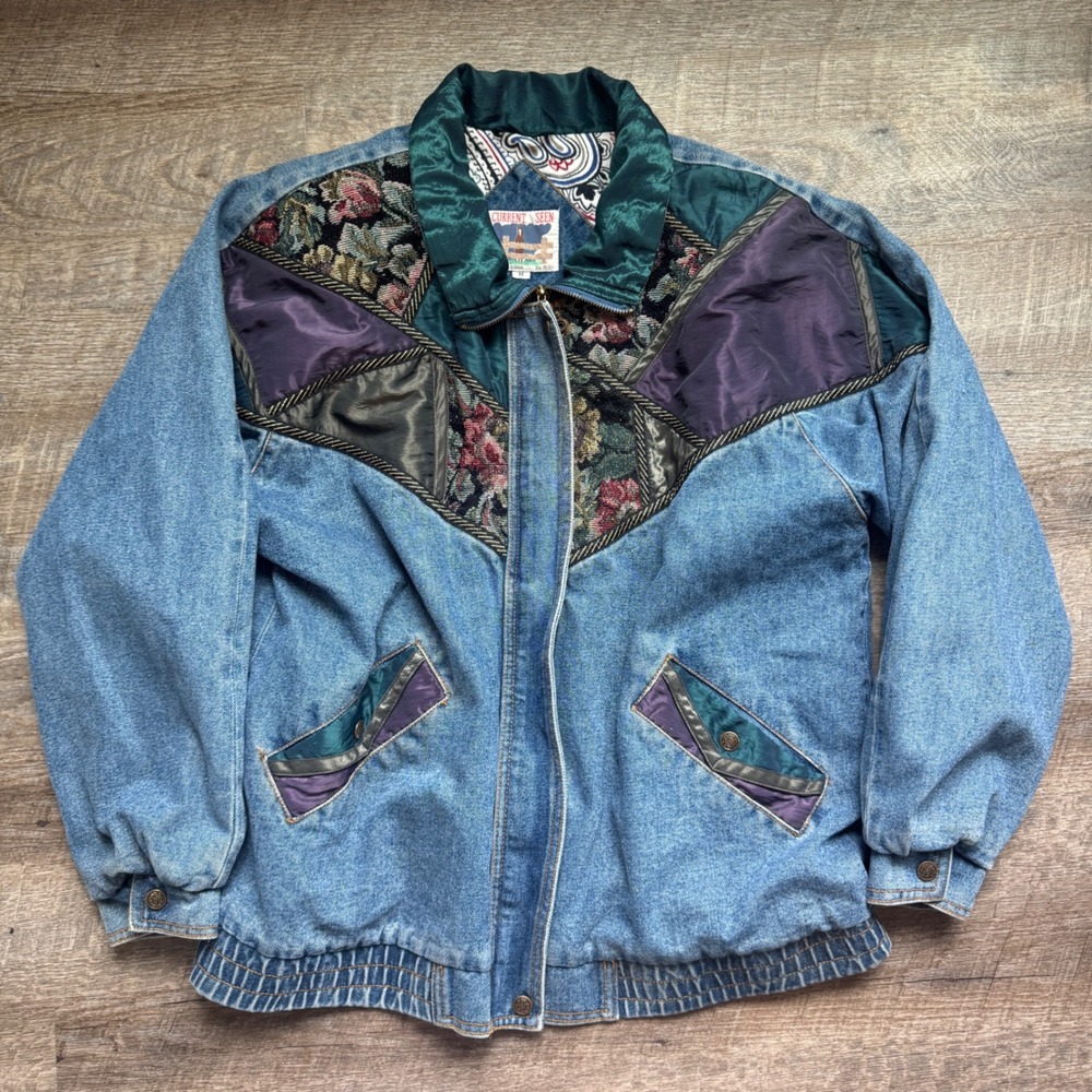 Vintage Denim Tapestry Bomber Jacket Current Seen Relaxed Blue Western Med 90's